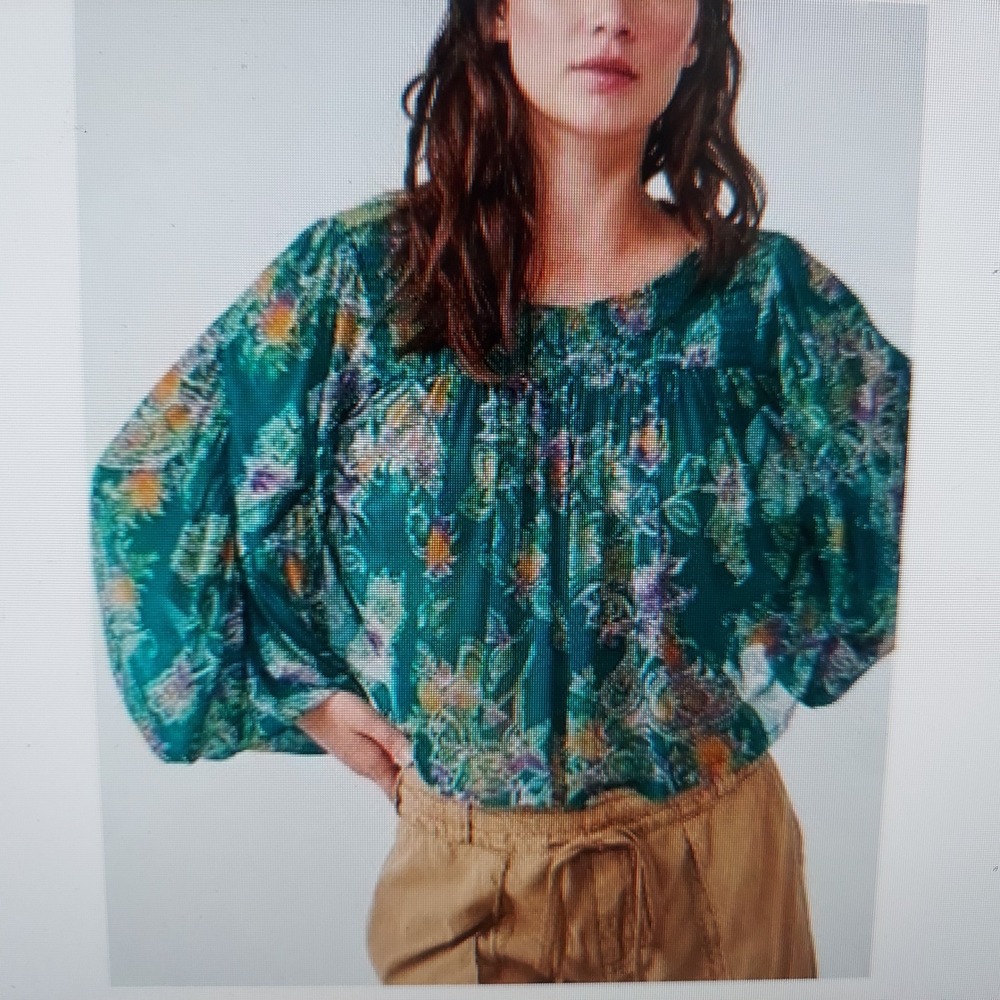 Free People Womens Smocked Mesh Blouse S Teal Floral Boho Balloon Sleeve Top